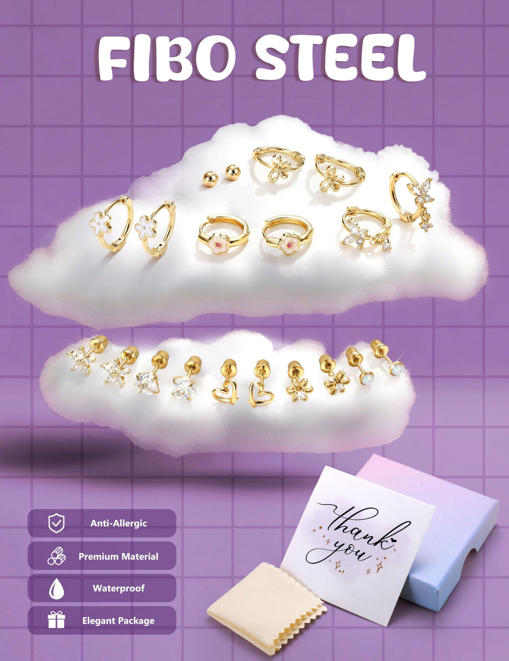 Hypoallergenic Screw Back Earrings for Girls Women - Surgical Steel 14K Gold Plated Cute Toddler Little Girl Kids Earrings for Sensitive Ears Heart CZ Flower Stud Hoop Earring Sets 10 Pairs