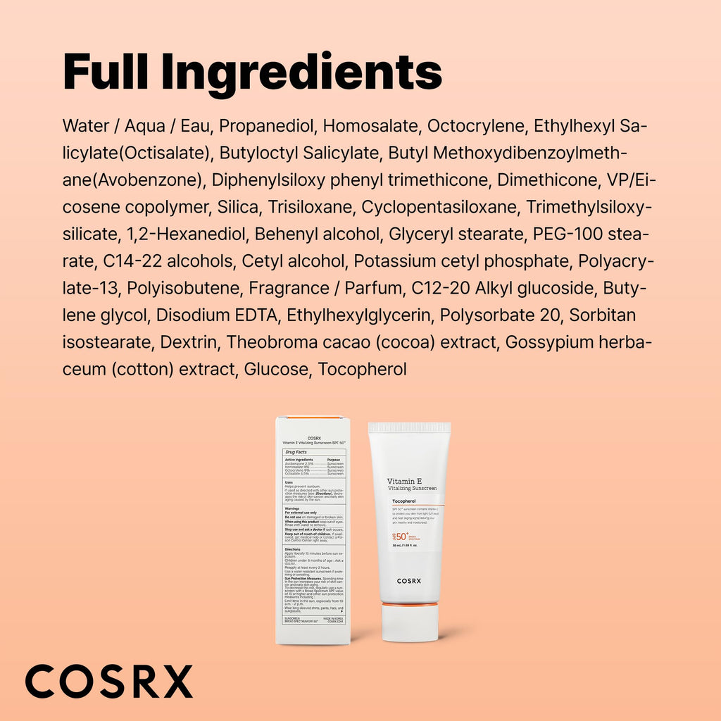 COSRX Vitamin E Vitalizing Sunscreen,SPF 50 Broad Spectrum Face Sunscreen, Lightweight, Non-Sticky, No White Cast, Vitamin E for Antioxidant Care, For All Skin Tones, Korean Skincare, 1.69 fl oz
