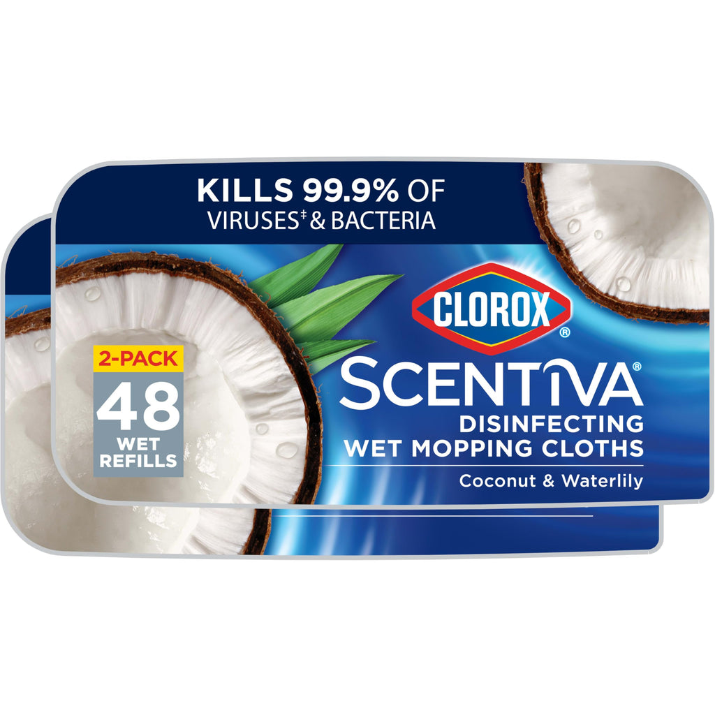 Clorox Scentiva Disinfecting Wet Mop Pad, Disposable Mop Heads, Coconut and Waterlily, 2 Packs, 24 Wet Refills Per Pack (Package May Vary)