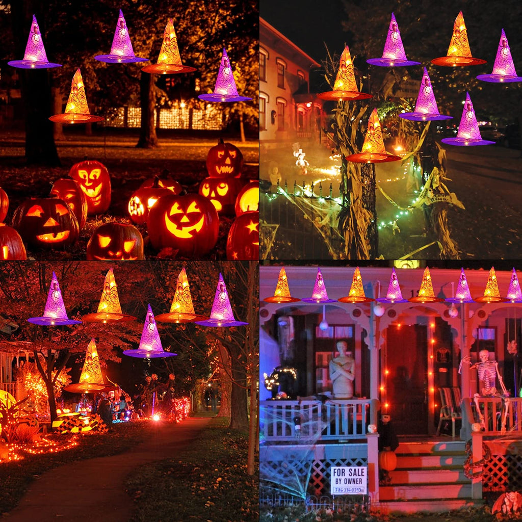 FUNPENY Halloween Decoration Lights, 8 PCS Waterproof Hanging Witch Hat with String Lights with Remote, Hanging Halloween Decorations for Indoor Outdoor Garden Yard Party Decor