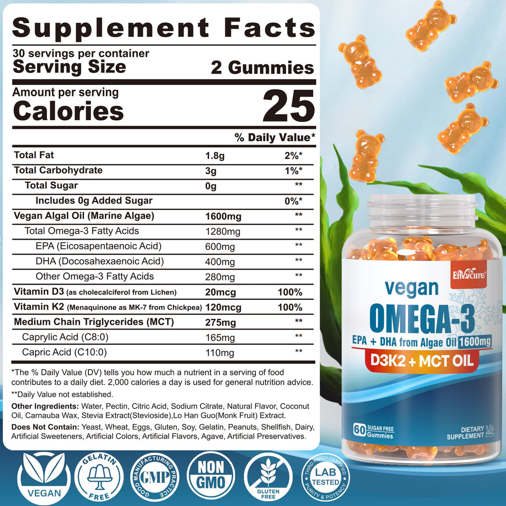 Vegan Omega 3 Gummies 1280mg + Vitamin D3 K2 (MK7), Omega 3 Fish Oil Alternative for Adults, w/Algae EPA 600mg & DHA 400mg, MCT Oil - No Fish Taste - for Brain, Eye, Immune Health, Sugar Free, 2 Pack