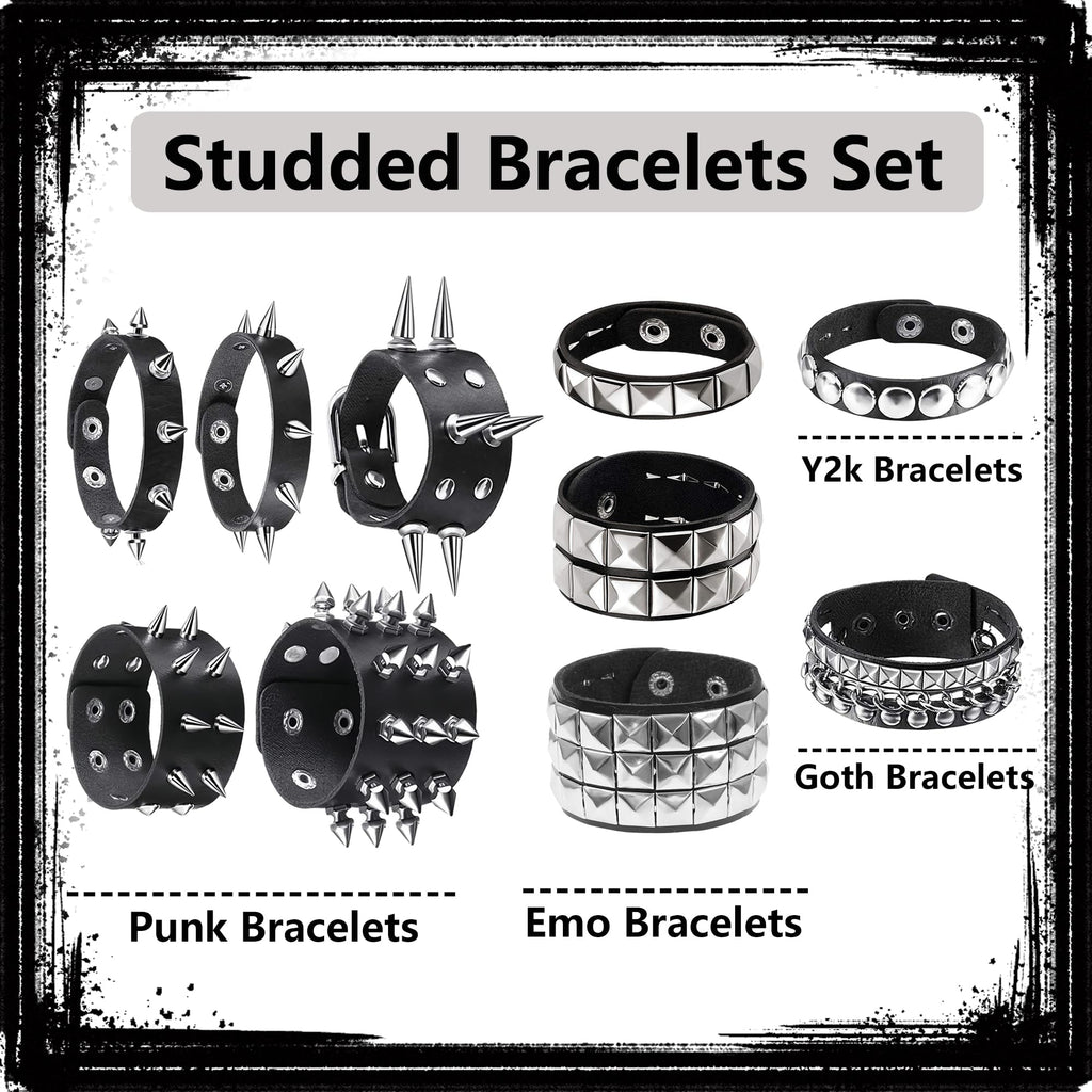 10 Pieces Studded Bracelet, Emo Spiked Bracelets Y2k Black Leather Rivet Punk Bracelet Rock Cuff Goth Bracelets Punk Accessories Halloween for Men Women