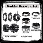 10 Pieces Studded Bracelet, Emo Spiked Bracelets Y2k Black Leather Rivet Punk Bracelet Rock Cuff Goth Bracelets Punk Accessories Halloween for Men Women