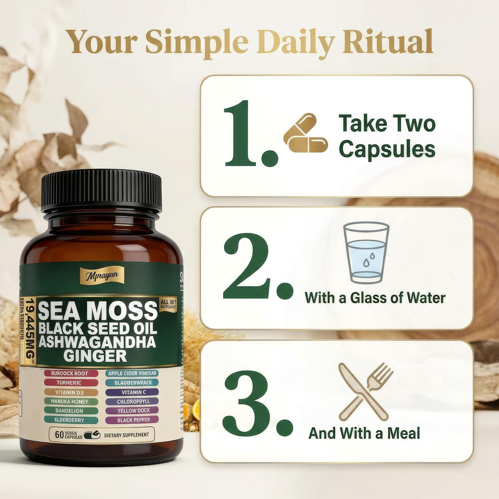 MPRAYAN Sea Moss Black Seed Oil Ashwagandha Capsules - 10:1 Extract Blend 60ct