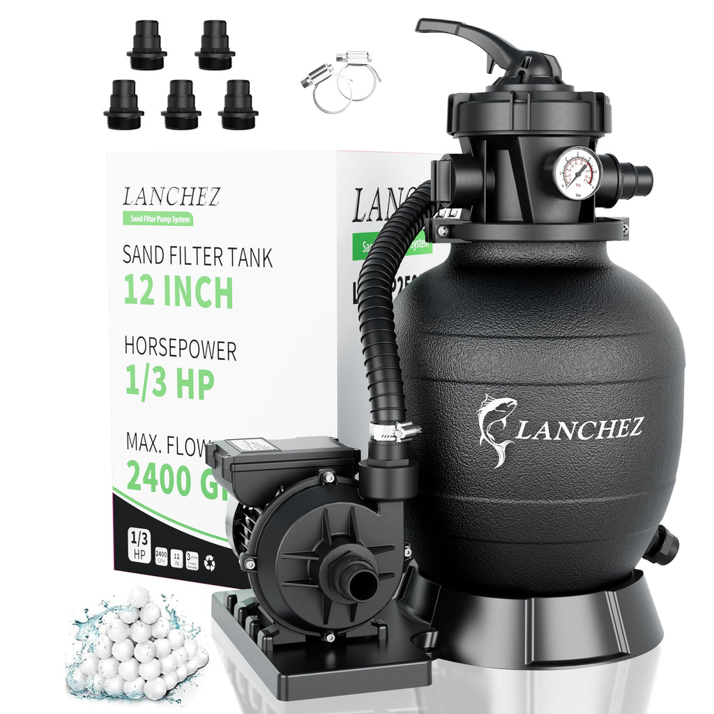 LANCHEZ Sand Filter Pump for Above Ground Pool, Pool Pumps Above Ground, Pool Sand Filter with 7-Way Valve, 12in