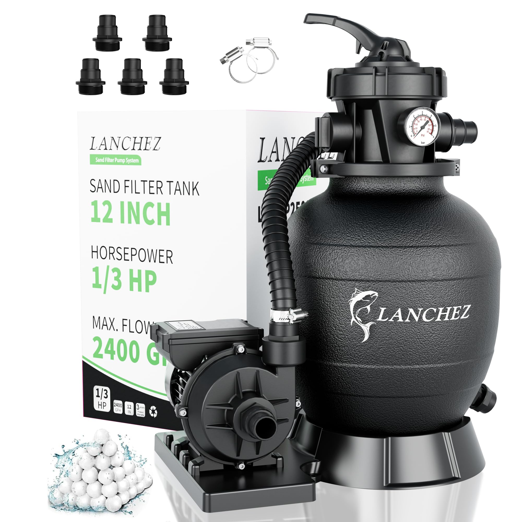 LANCHEZ Sand Filter Pump for Above Ground Pool, Pool Pumps Above Ground, Pool Sand Filter with 7-Way Valve, 12in