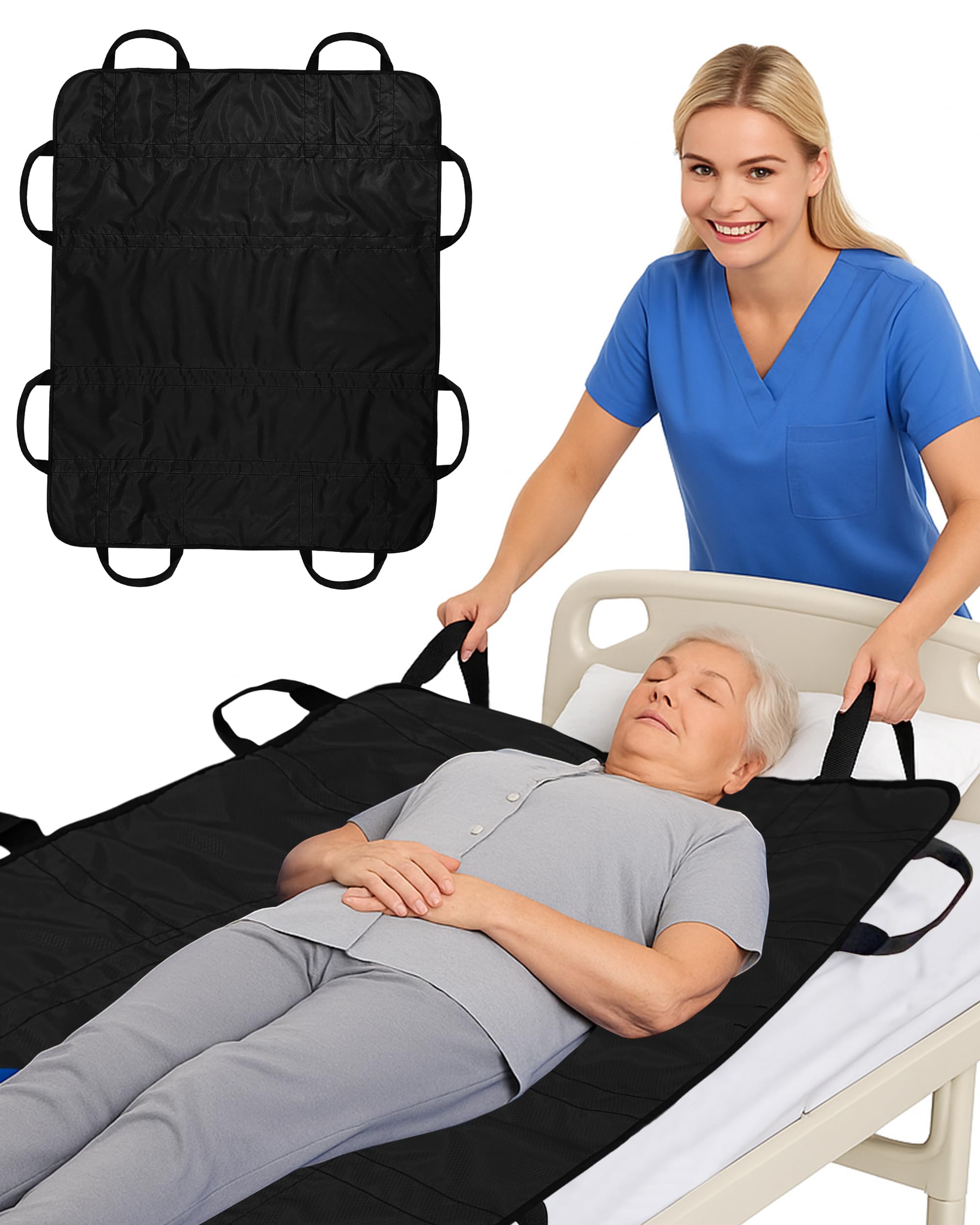 SPRING SEAON Patient Positioning Bed Pad with Handles – Transfer & Slide Sheet for Elderly Care, Waterproof Washable Draw Sheet for Hospital or Home Use, 46.5" x 38.5", 450 LBS Support,Black