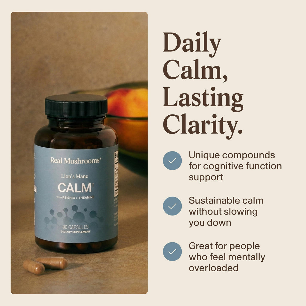 Real Muhsrooms Calm Lions Mane Capsules (90 Count) – 400mg Organic Lions Mane Fruiting Body Extracts, 200mg Organic Reishi, 200mg AlphaWave L-Theanine for Calm Clarity & Relaxed Alertness, 90ct