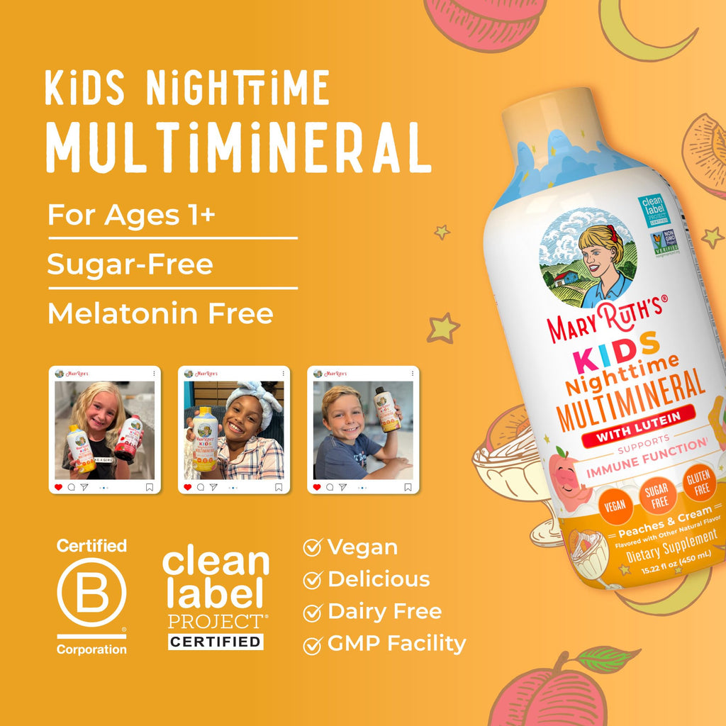 Kids Liquid Nighttime Multimineral by MaryRuth's | Bone Health | Immune Function | Bedtime Supplement | Kids Vitamins | Magnesium | Vegan | Sugar Free | 30-180 Servings | 15.22 fl oz