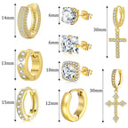FEYIR 9 Pairs Earrings for Men Stainless Steel Small Hoop Earrings Hypoallergenic CZ Cross Dangle Earrings Cubic Zirconia Stud Earrings Huggie Men's Earrings Set