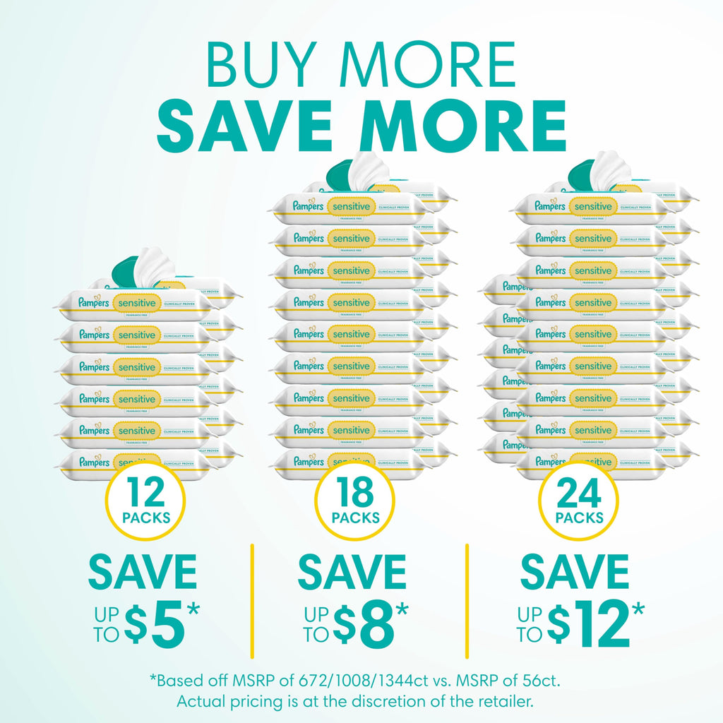Pampers Sensitive Baby Wipes, Unscented, Fragrance Free, Clinically Proven, Water Based, Hypoallergenic, Multi-Use, Hand Wipes, 1344 Wipes Total (24X Flip-Top Packs)