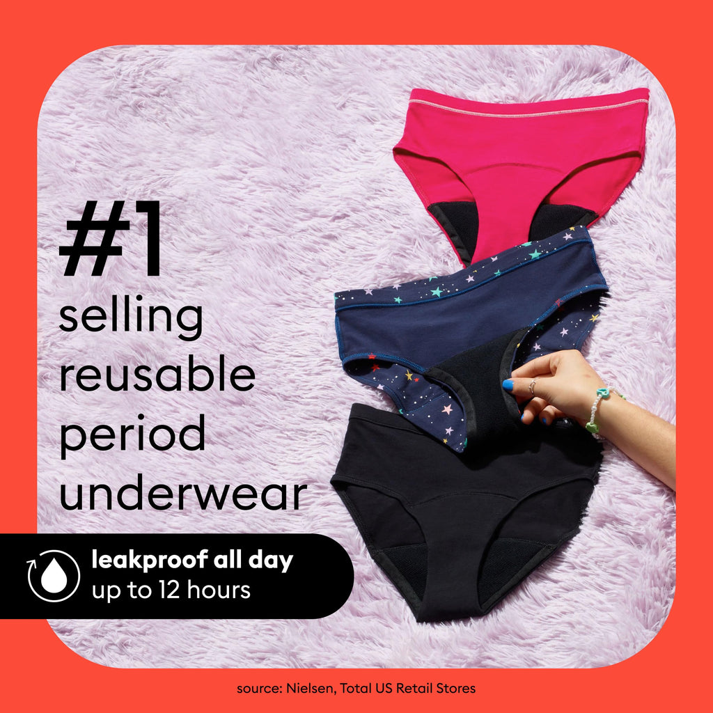 Thinx Teens Period Underwear, Brief-Style Period Panties, Holds Up to Regular 12 Tampons, Reusable & Controls Odor, 3-Pack - (1) Black, (1) Lucky Stars, (1) Violet, Size 11/12