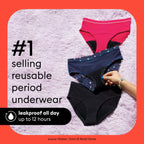 Thinx Teens Period Underwear, Brief-Style Period Panties, Holds Up to Regular 12 Tampons, Reusable & Controls Odor, 3-Pack - (1) Black, (1) Lucky Stars, (1) Violet, Size 11/12
