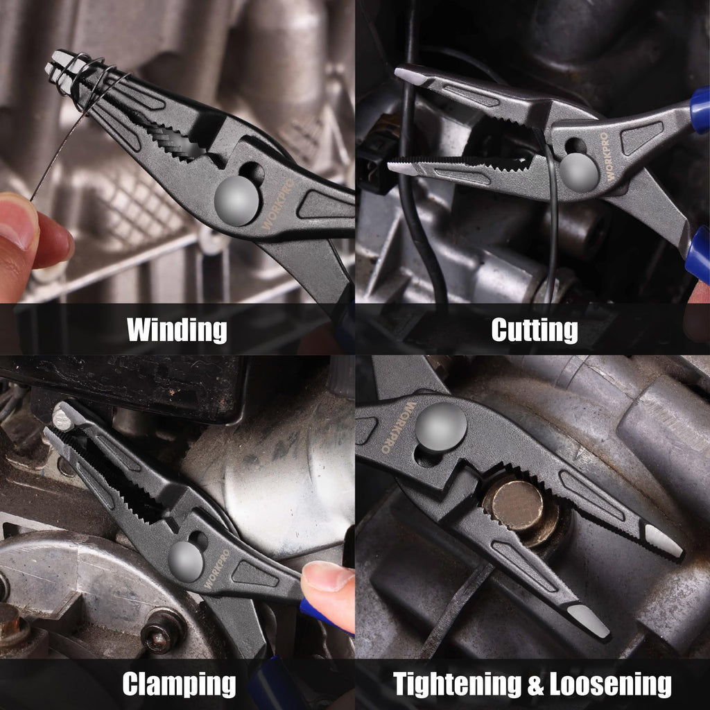 WORKPRO 8'' Long Nose Slip Joint Pliers, CR-V Needle Nose Pliers with Comfortable Grip Handles, 3-Zone Serrated Jaw from Premium Steel for Clamping, Tightening and Loosening