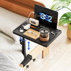 NiHome Height-Adjustable Bedside Shelf with Rotating Foldable Tray for Dorms, Apartments, Small Bedrooms, Fits Bed Frames 0.7"-2.7" Wide, Holds 15" Laptops, Phones, Snacks, Books, Alarm Clocks (Black)