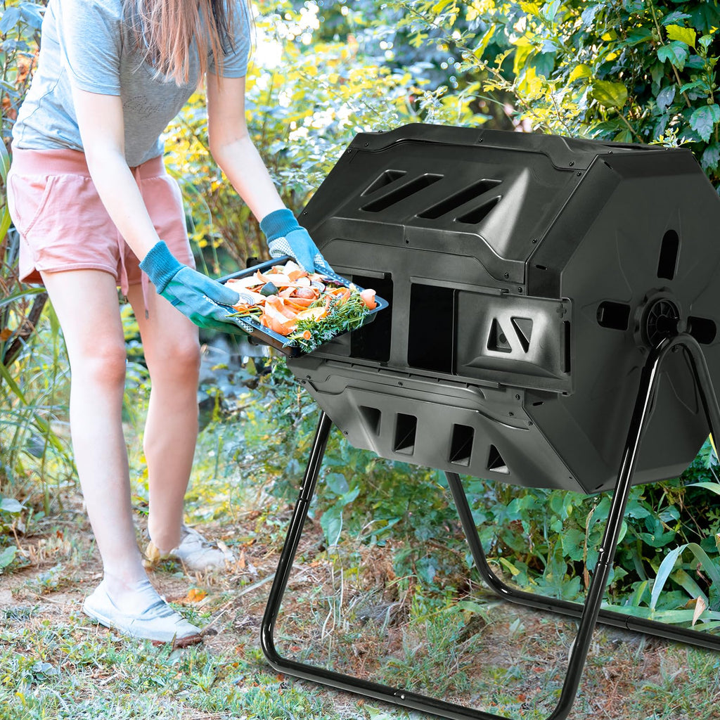 Outvita 43 Gallon Outdoor Compost Bin, Dual Chamber Tumbling Composter