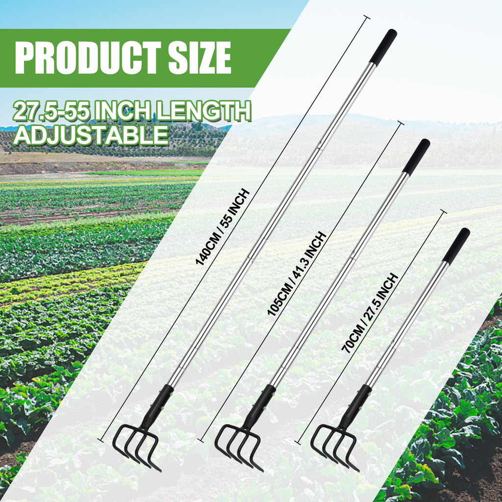 BARAYSTUS Long Hand Cultivator, Carbon Steel & Stainless Steel Tiller Cultivator, Garden Cultivator with Telescopic Handle and Soft Handle Cover, Hand Tiller for Digging Loosening Weeding