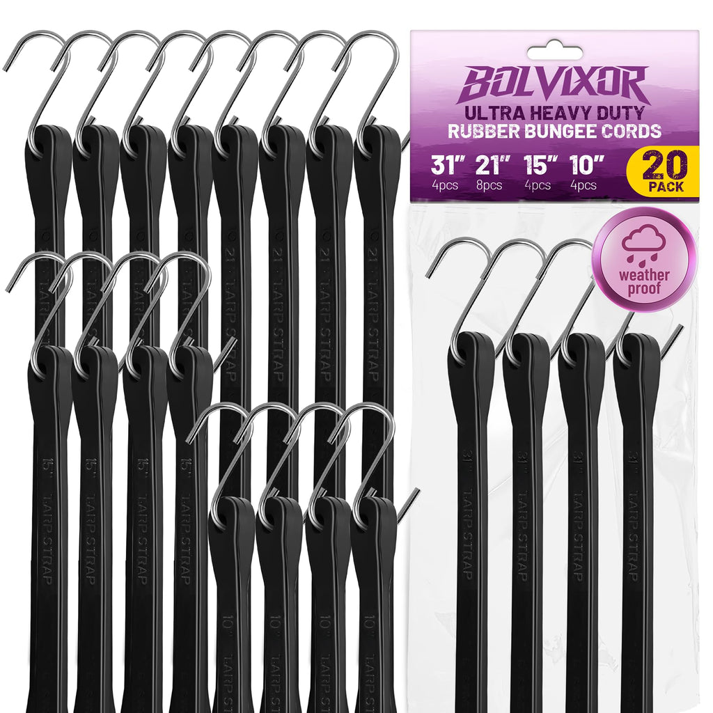 Bolvixor Bungee Cords with Hooks (20 Pack) – 10", 15", 21", 31" Heavy Duty EPDM Rubber Tarp Straps, Max Stretch 2X, Load 180+ LBS, Crimped S Hooks for Cargo, Trucks, Camping, Outdoor Use