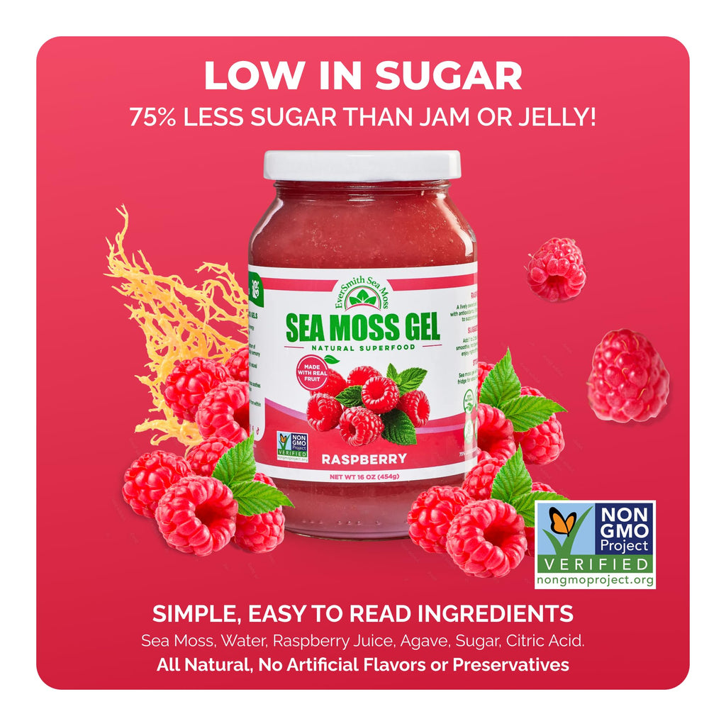 EverSmith Organics - Wildcrafted Irish Sea Moss Gel | Made in USA | Rich in Nutrients | Sea Moss Gel Raw | Jarred Vegetables & Fruits | Raspberry (1 Jar)