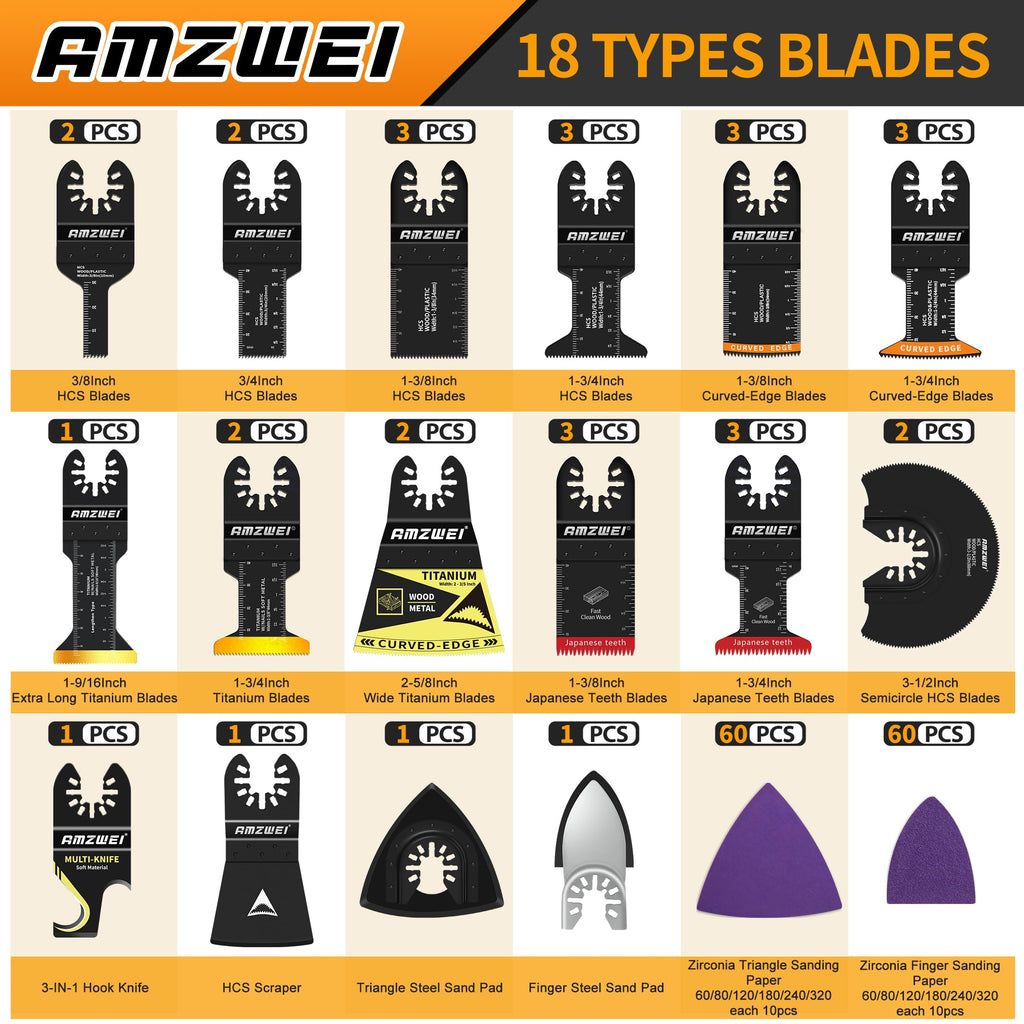 AMZWEI 153PCS Upgraded Multitool Blades Oscillating Tool Accessories with Sandpaper, Hook Knife, Titanium Saw Blades for Wood Metal Plastic Cutting, Compatible with Dewalt Ryobi Milwaukee Rockwell
