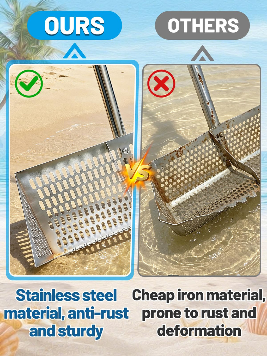 69in Effortless Sand Flea Rake Kit - Anti-Rust Stainless Steel Shark Tooth Sifter with The Narrow Shovel, Mesh Sand Scoop & Bucket, Sands Sifter Shelling Tools for Beach Metal Detecting Beachcombing