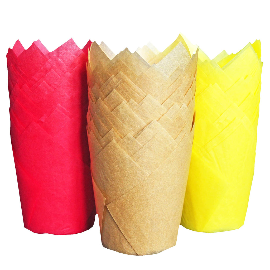QLSmypkg Large Greaseproof paper Wrappers Muffin Baking cupcake cups liners, 2-1/4" x 4" Natural,Red,Yellow 3 colours in a box Tulip Baking Cups Holders 125 pcs (Large) (125, Multi Red,Yellow,Natural)