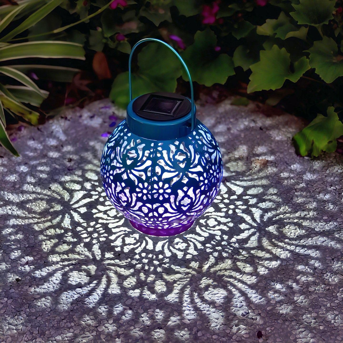 2 Pack Outdoor Solar Hanging Lantern Lights Metal LED Decorative Lamp for Garden Patio Courtyard Lawn and Table with Hollowed-Out Design (Royal Purple)