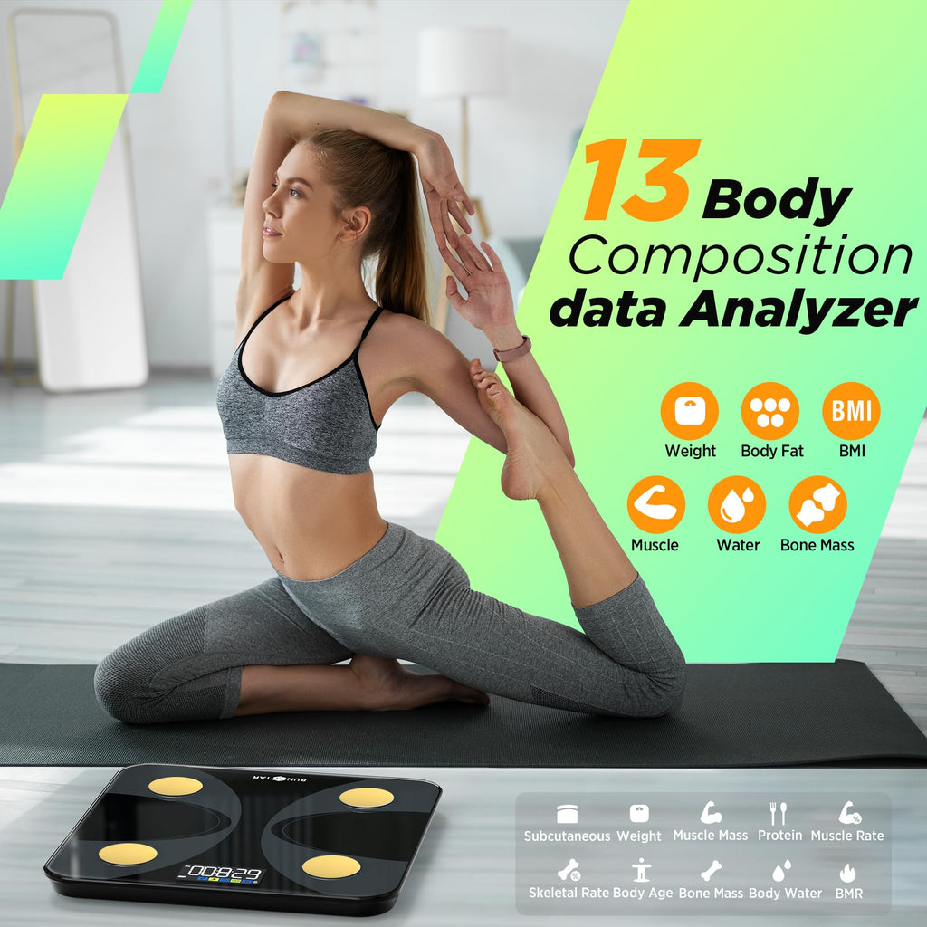 Scale for Body Weight and Fat Percentage, RunStar Digital Accurate Bathroom Smart Scale with Large Display, FSA&HSA Eligible 13 Body Composition Analyzer Sync App, Black Gold
