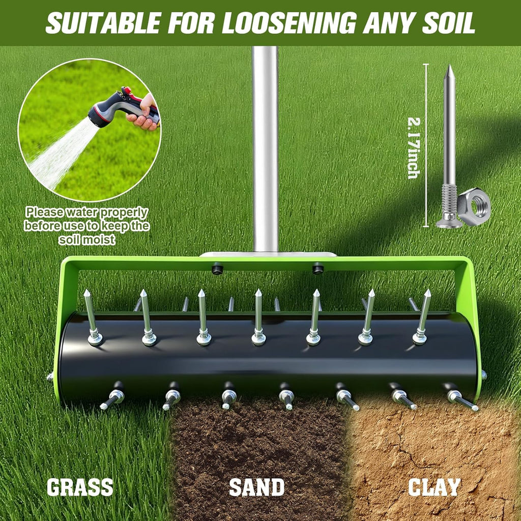 Failenfeivp Rolling Lawn Aerator Tool Heavy Duty Manual Push Aerator Lawn Tool with 42 Spikes Lawn Aerator Spike Tool for Maintaining Garden Yard Soil Health(Green,70IN)