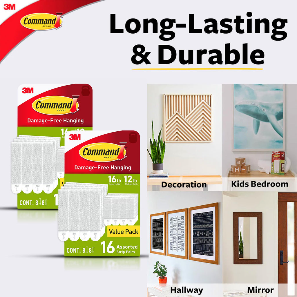 Command Medium and Large Picture Hanging Strips, Damage Free Hanging Picture Hangers, No Tools Wall Hanging Strips for Living Spaces, White, 16 Medium Pairs and 16 Large Pairs (64 Total)
