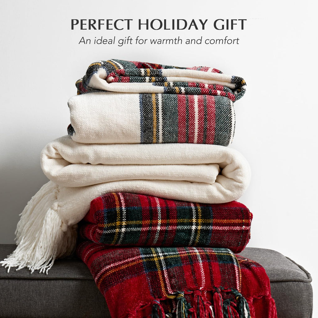 EverGrace Chenille Christmas Throw Blanket, 50"x60", White Stewart Plaid