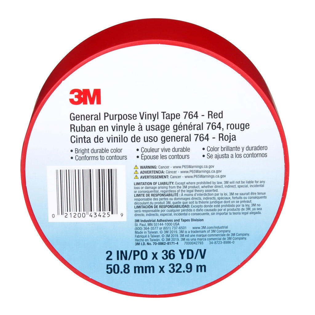 3M General Purpose Vinyl Tape 764, Red, 2 in x 36 yd, 5 mil, 1 Roll