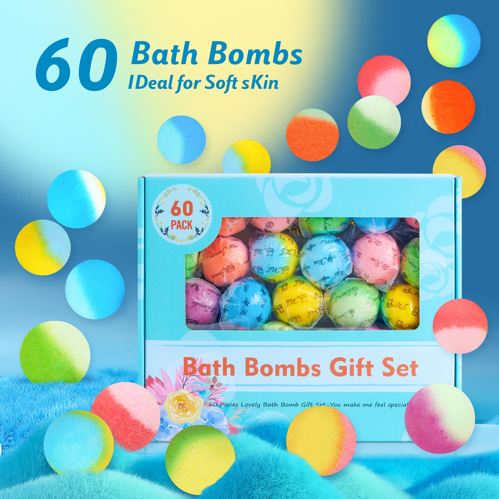 60 Pack Bath Bombs Set, Christmas Stocking Stuffers, Birthday Gift Set for Women, Natural Organic Bath Bubble Bombs for Kids/Women/Men/Mom Individually Wrapped Handmade
