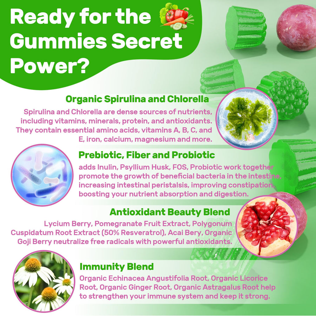 Super Greens Gummies, Greens Superfood Powder Alternative w/Spirulina, Chlorella, Prebiotic Fiber, Probiotic, Fruit Veggie, Daily Greens Vegetable for Digestive & Gut Health, Immunity, Focus, 60 Cts
