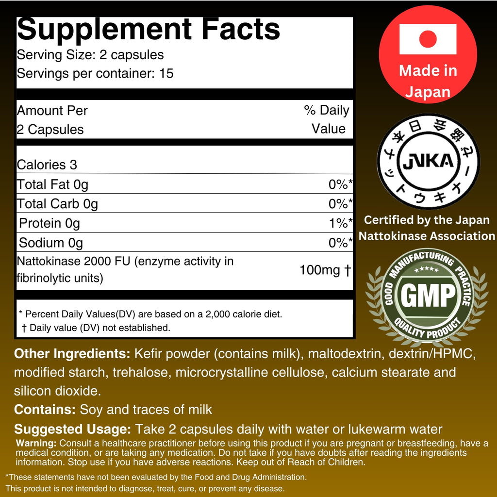 Nattokinase 2,000 FU and Kefir Supplement - Made in Japan - Patented Double Edged Support for Cardiovascular and Circulatory System (30 Capsules)