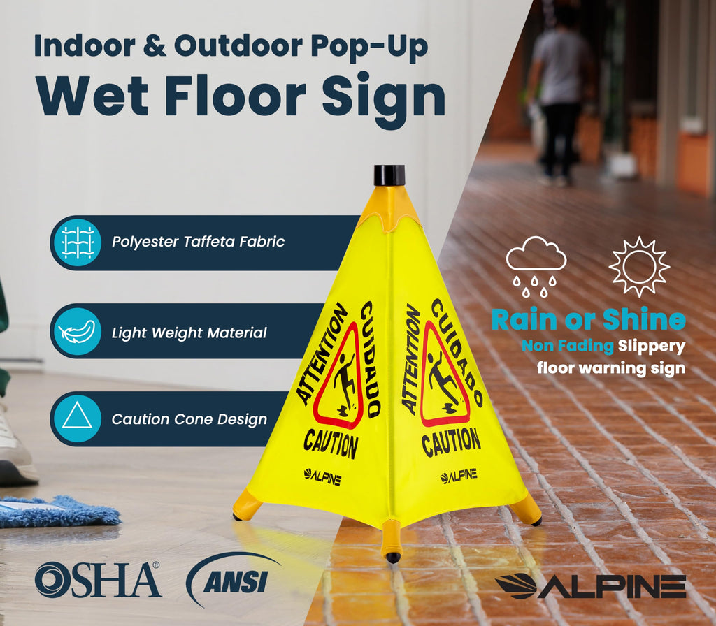 Alpine Caution Wet Floor Sign - Pop Up Slippery When Wet Sign, Wall Mounted Foldable Bilingual Yellow Safety Warning Caution Cone For Commercial & Office Use (20 Inches)