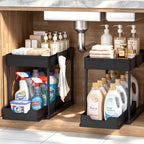 DEKAVA Under Sink Organizer 2 Pack, Bathroom Cabinet Organizer, 2 Tier Sliding Cabinet Basket Organizer Drawer, Multi-Purpose Bath Collection Baskets for Bathroom (Black)