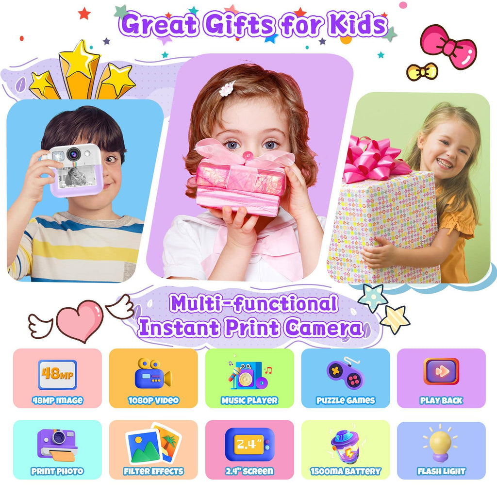 Kids Instant Print Camera, Christmas Birthday Gifts for Girls Boys Purple