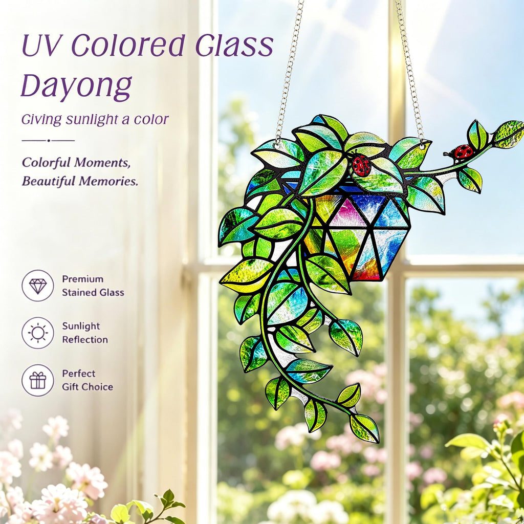 Plant Suncatcher Glass, Stained Glass Suncatcher Plant Window Hanging, Unique Nature Lover Gifts Leaf Idea