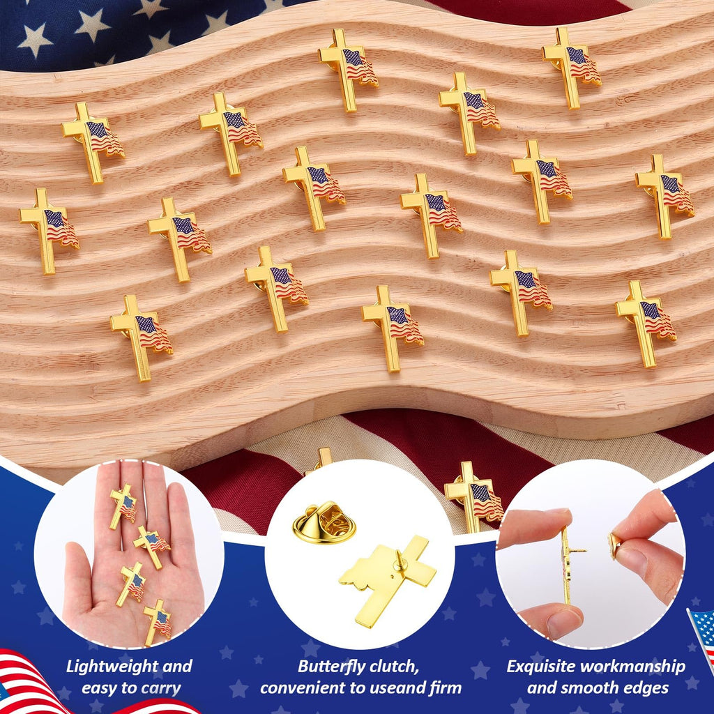 Huquary 24 Pcs Patriotic Cross with Waving American Flag Metal USA Flag Lapel Pins for American Patriotic Suits Jackets Hats Backpacks Clothes Decor