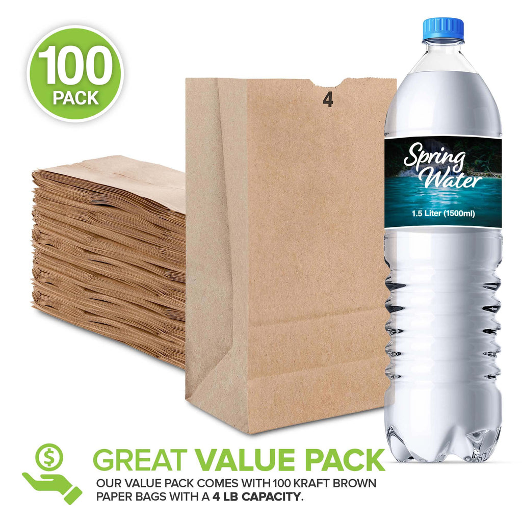 Stock Your Home 4 Lb Kraft Brown Paper Lunch Bags (100 Count) - Bulk Disposable Lunch Sacks, Small Size Blank Bag for Kids, Good for a Snack, Sandwich, Grocery Food, and Arts & Crafts Projects