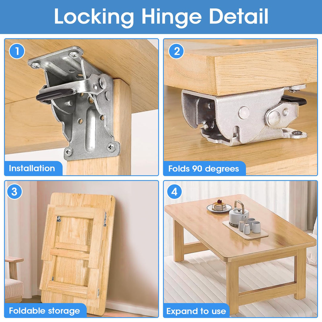 4 Pack Locking Hinge for Folding Leg Brackets,Heavy Duty Folding Brackets 90 Degree Self Locking Folding Hinge for Table Legs Furniture（Silver）