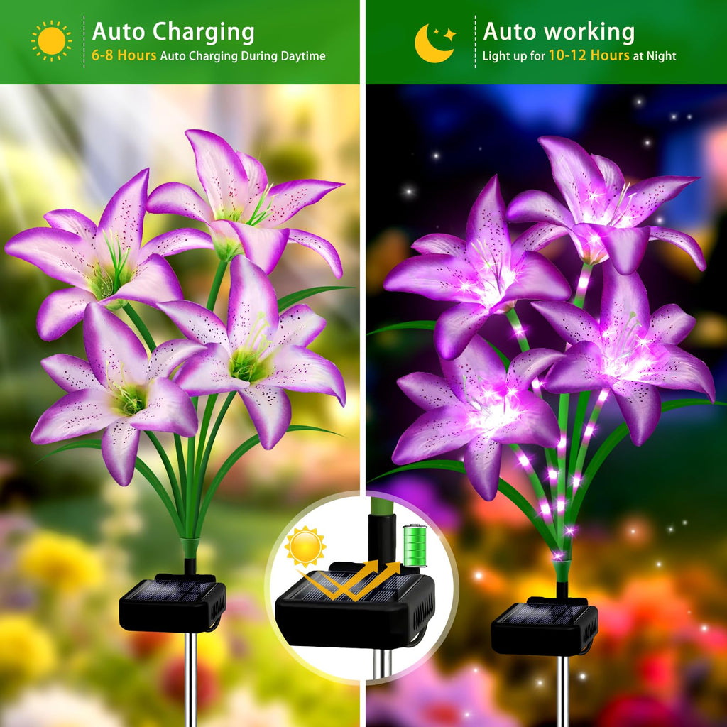 Solar Garden Lights 4 Pack 16 Purple Lily Flowers, Gifts for Mom Woman Birthday Outdoor Solar Flower Lights,Cemetery Flowers for Grave - Decorative Lilies for Yard, Patio, Pathway Decorations