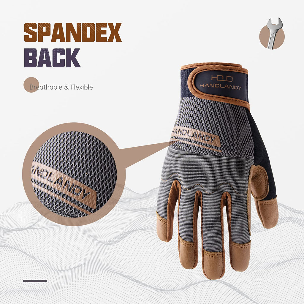 HANDLANDY Leather Work Gloves Mens & Women, Utility Safety Mechanic Working Gloves Touch Screen, Flexible Breathable Yard Work Gloves (XL, Brown-Cowhide Palm)