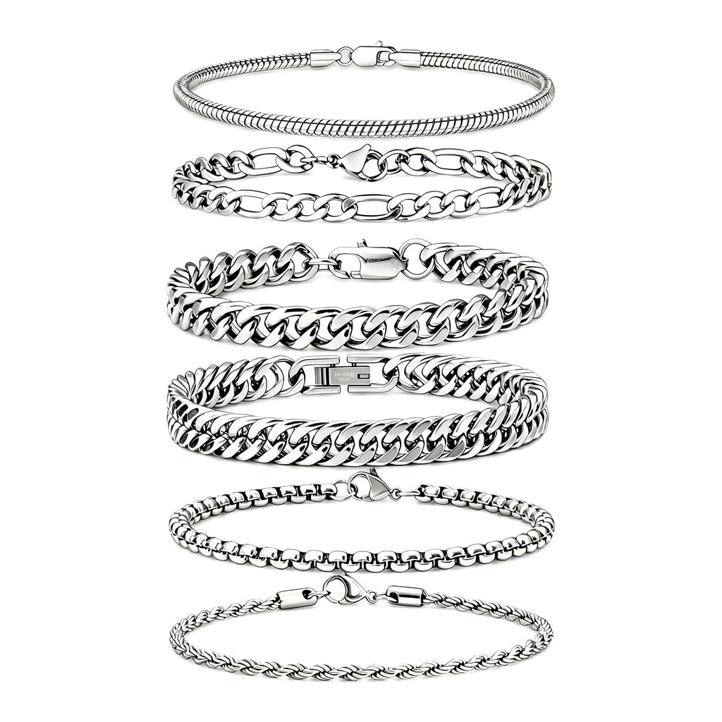 Mosflor 6 Pcs Silver Bracelets for Men, Cuban Link Chain Bracelet Stack Mens Stainless Steel Metal Rope Bracelet Set 8.3 Inches Mens Fashion Accessories Jewelry Non Tarnish for Men Dad Him Husband Son