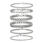 Mosflor 6 Pcs Silver Bracelets for Men, Cuban Link Chain Bracelet Stack Mens Stainless Steel Metal Rope Bracelet Set 8.3 Inches Mens Fashion Accessories Jewelry Non Tarnish for Men Dad Him Husband Son