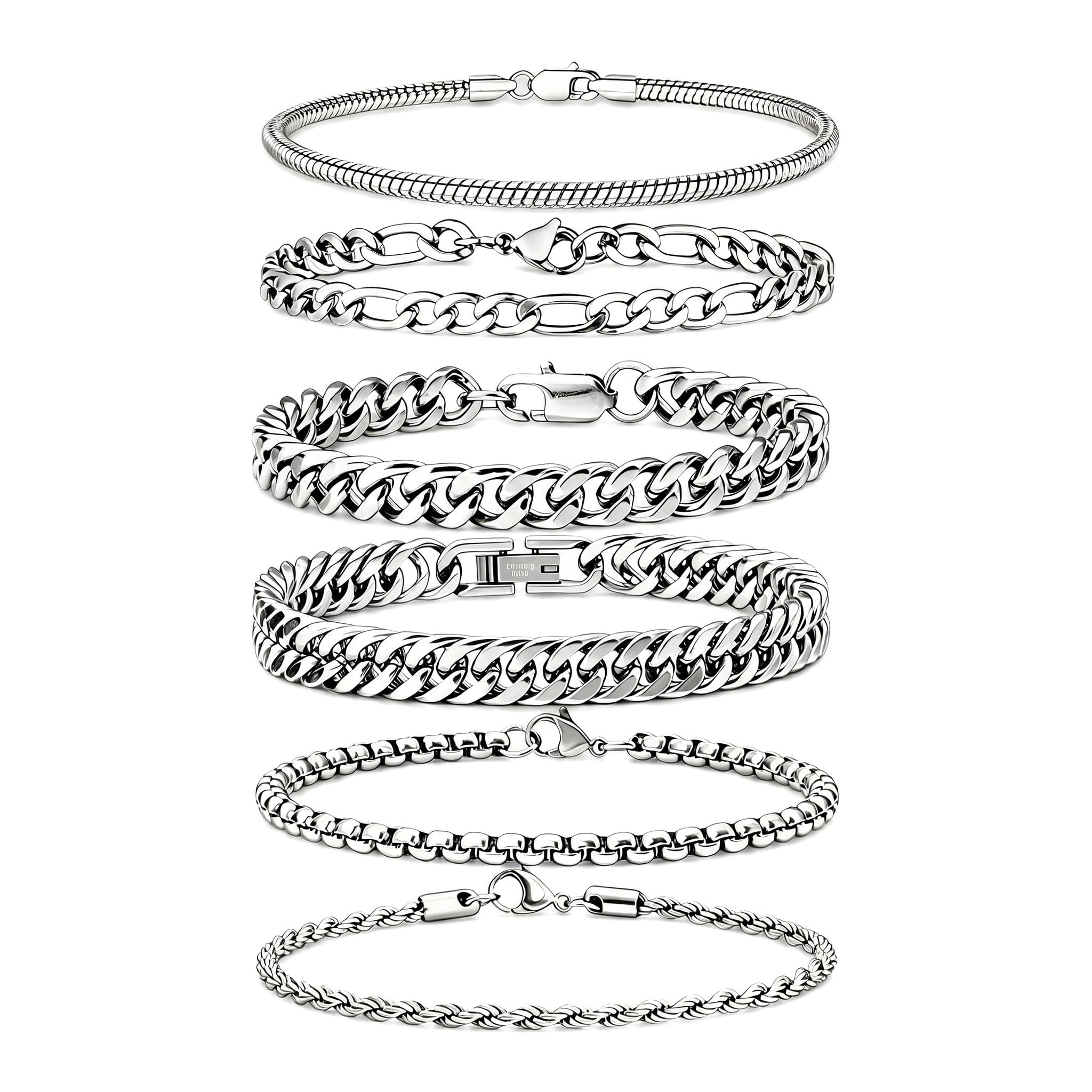 Mosflor 6 Pcs Silver Bracelets for Men, Cuban Link Chain Bracelet Stack Mens Stainless Steel Metal Rope Bracelet Set 8.3 Inches Mens Fashion Accessories Jewelry Non Tarnish for Men Dad Him Husband Son