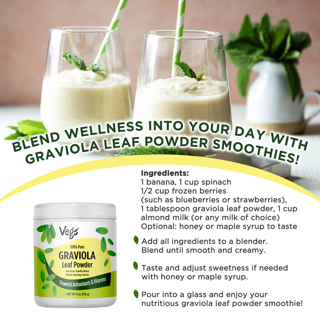 Vegs Graviola Soursop Leaf Powder - The Single Origin, True Green, Organic Graviola Leaves Powder - Gentle Dried & High Potency Soursop with Powerful Antioxidants, Vitamins – No Sugar, Non-GMO, 8 oz