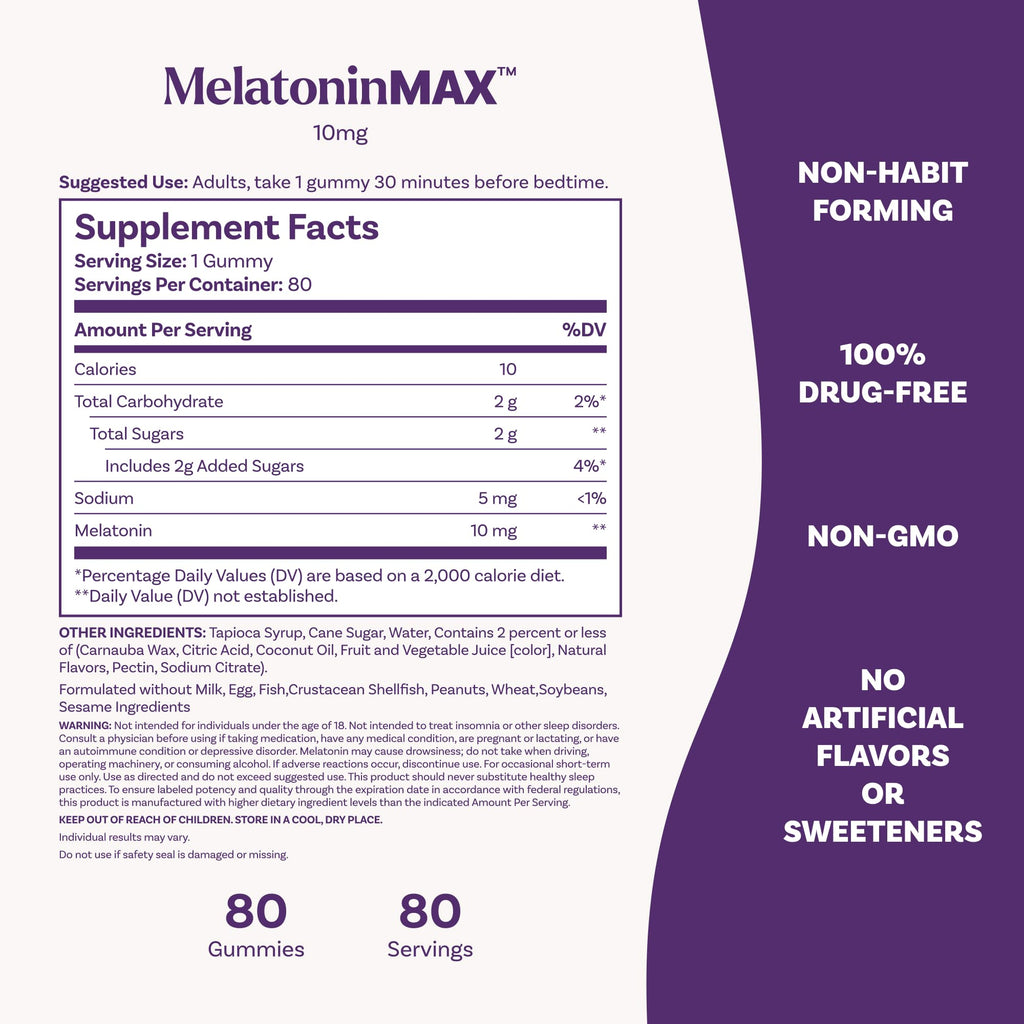 Natrol Melatonin 10mg Sleep Aid Supplement, 80 Count MelatoninMax Gummies, Blueberry Flavor, 10 mg Melatonin Gummies for Occasional Sleeplessness, 80 Day Supply