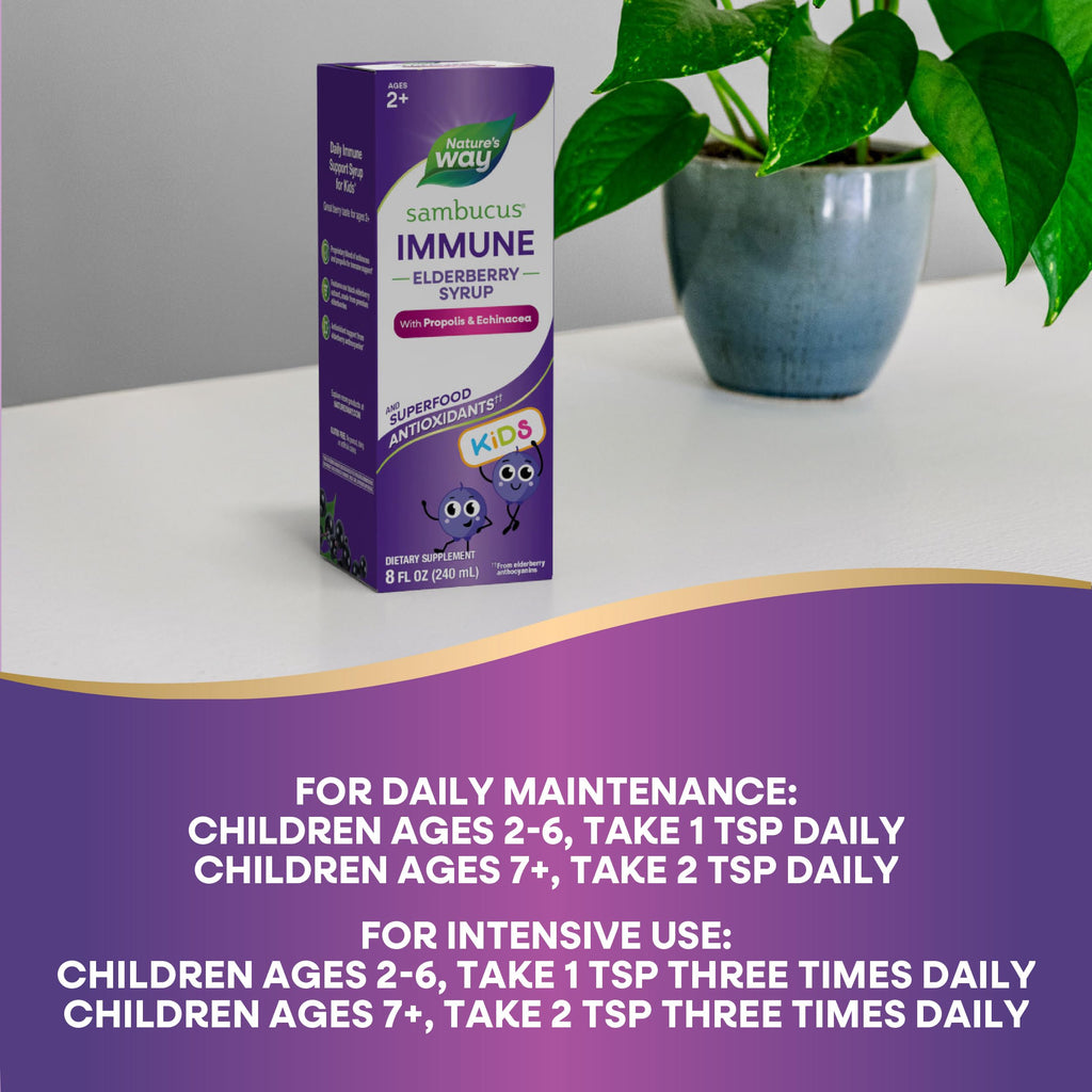 Nature's Way Sambucus Elderberry Immune Syrup for Kids Ages 2+, Echinacea & Propolis, with Superfood Antioxidants(1), Immune Support Syrup*, Vegetarian, Berry Flavored, 8 Fl Oz